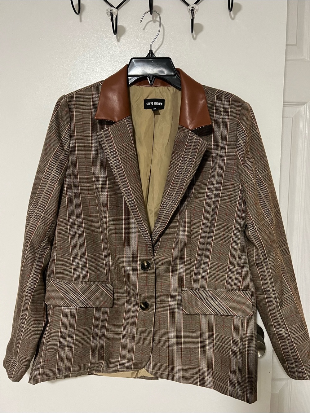 Steve Madden Oversize Faux Leather Trim Blazer in a camel plaid colorway